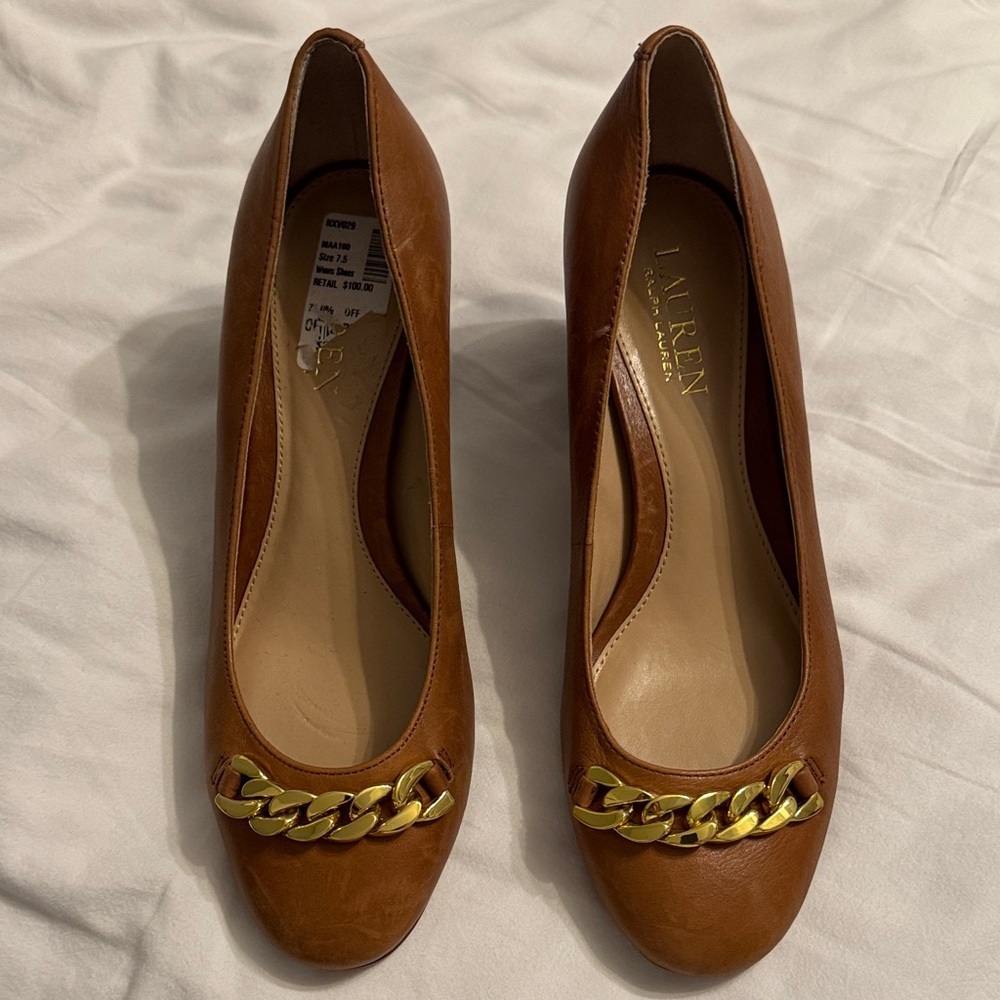 Lauren Ralph Lauren Brown Leather Pumps with Gold Chain Accent